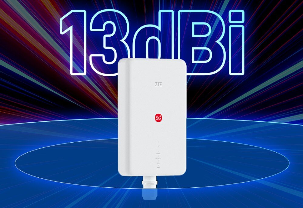 Router ZTE G51F 5G ZTE G51F prezentowany z napisem 13 dBi na tle dynamicznych wiązek światła. Grafika podkreśla mocną, 13-decybelową antenę routera, która zapewnia zwiększony zasięg i silny sygnał nawet w wymagających warunkach.