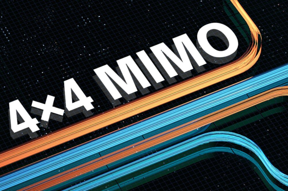 Router ZTE G51F 5G Zbliżenie na napis 4x4 MIMO w formie dynamicznych kabli symbolizujących wielotorową transmisję danych. Obraz pokazuje zastosowanie technologii 4x4 MIMO w routerze ZTE G51F, zwiększającej prędkość i stabilność połączenia poprzez równoczesne przesyłanie danych wieloma strumieniami.