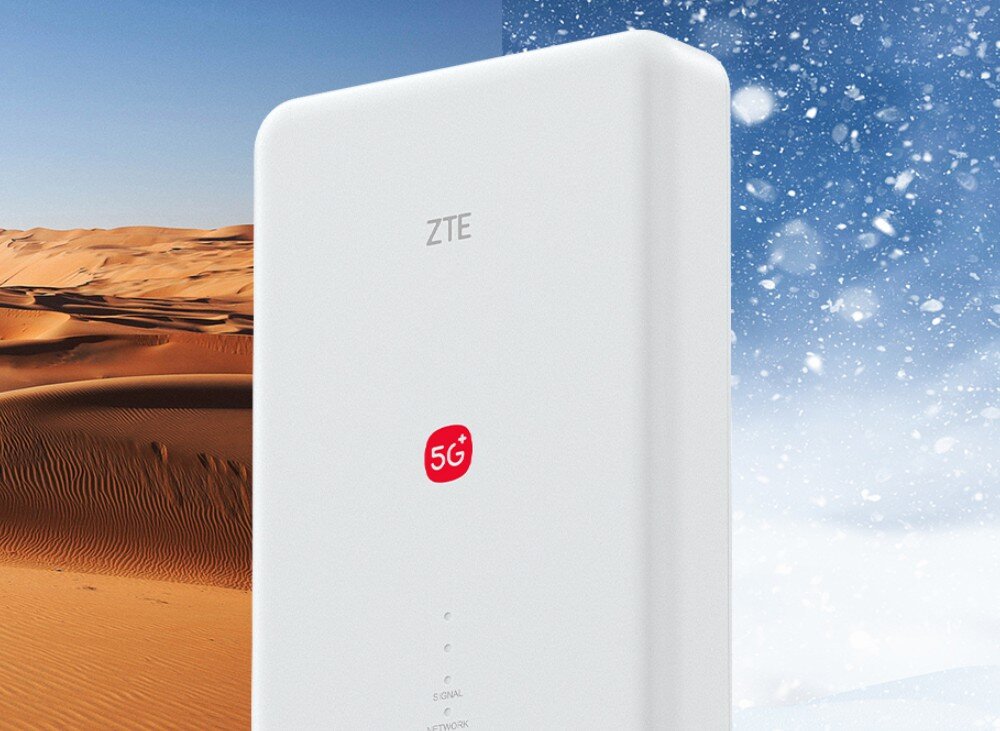 Router ZTE G51F 5G Router ZTE G51F w otoczeniu kontrastujących scenerii – śniegu i pustynnego piasku. Obraz symbolizuje odporność urządzenia na ekstremalne warunki pogodowe, w tym niskie i wysokie temperatury, wilgoć oraz promieniowanie UV.