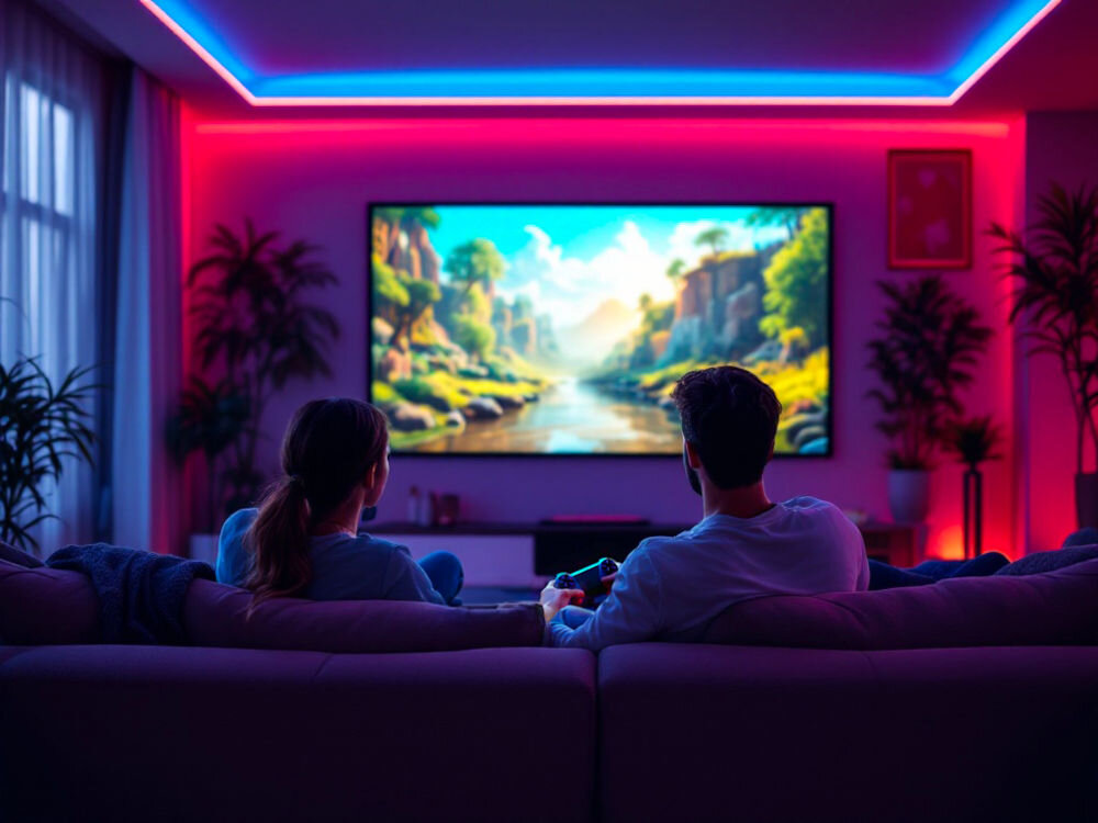 Projektor PHILIPS GamePix 800 rozmiar i proporcje obrazu 16:9 4:3 16:10, osoby siedzące na kanapie, grające w gry