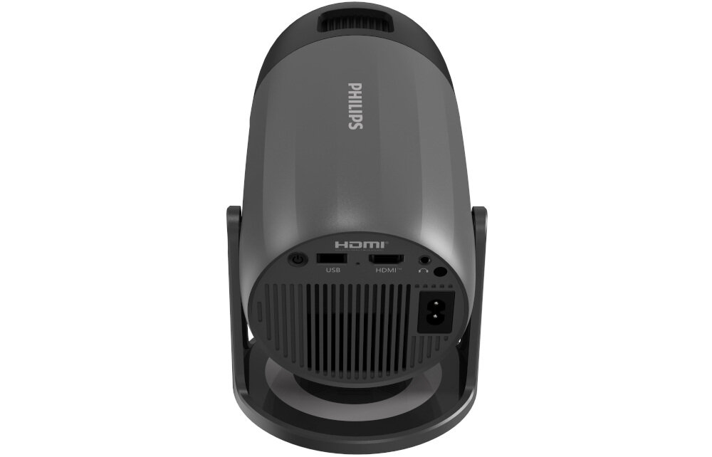 Projektor PHILIPS NeoPix 150 waga 0.85 kg kompaktowa konstrukcja mobilna obudowa, projektor od tyłu na białym tle