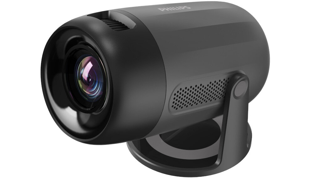 Projektor PHILIPS NeoPix 150 Wi-Fi Bluetooth łączność bezprzewodowa ze smartfonem i laptopem, projektor po skosie na białym tle