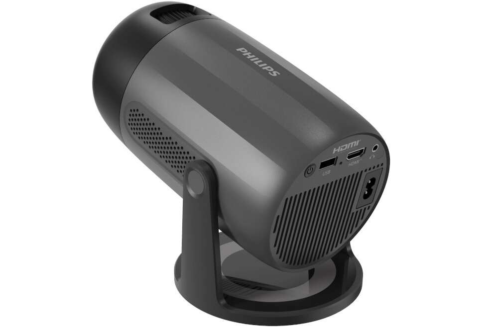 Projektor PHILIPS NeoPix 150 HDMI USB audio kompatybilność z wieloma urządzeniami, projektor po skosie od tyłu na białym tle