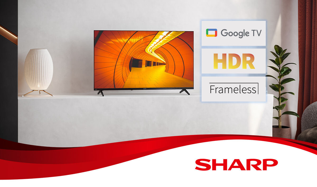 Telewizor SHARP 24HF2765E Google TV HDR Dolby Audio Bluetooth HDMI USB 40 cali, telewizor na postumencie w pomieszczeniu