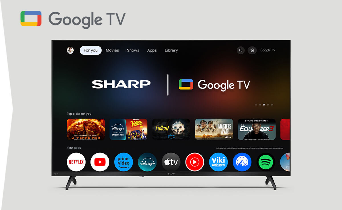 Telewizor SHARP 24HF2765E Google TV Netflix Disney+ Prime Video platformy streamingowe, telewizor od frotnu na szarym tle