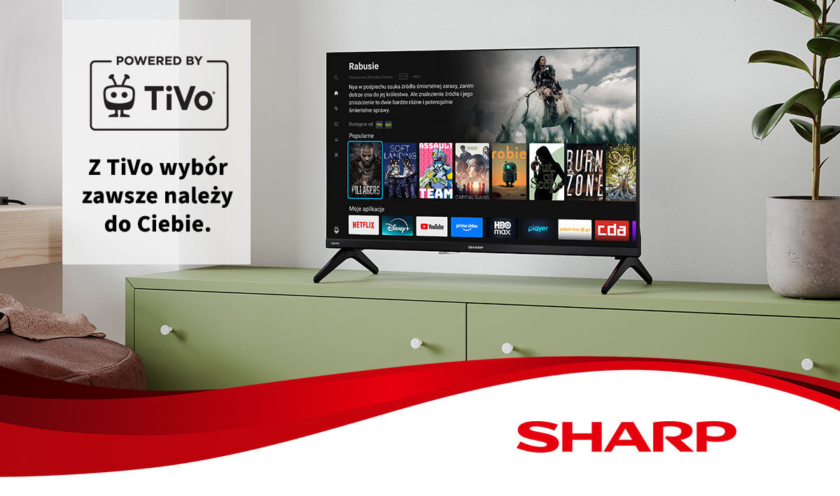 Telewizor SHARP 24HE2745E 24 LED TiVo OS telewizor stojący na szafce napis Powered by TiVo Z TiVo wybór zawsze należy do Ciebie
