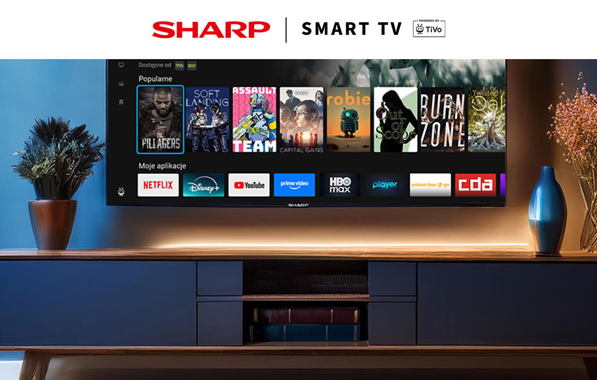 Telewizor SHARP 24HE2745E 24 LED TiVo OS włączony ekran telewizora z widocznymi aplikacjami netflix disney youtube prime cideo hbo player cda polsat