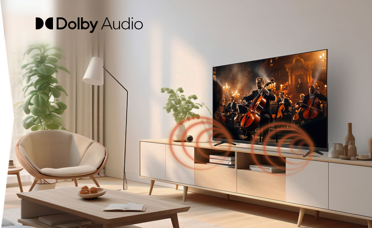 Telewizor SHARP 32HF3765E Dolby Audio czysty dźwięk wyraźne dialogi, telewizor na komodzie w pomieszczeniu