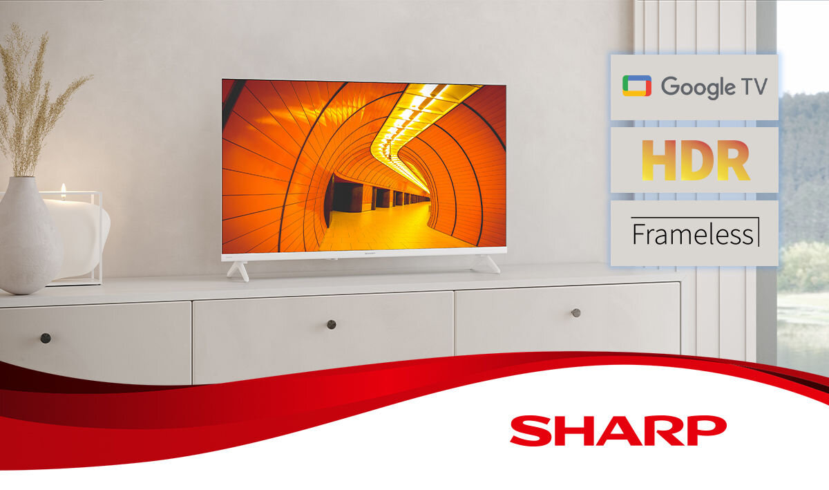 Telewizor SHARP 32HF2765EW Google TV HDR Dolby Audio Bluetooth HDMI USB 40 cali, telewizor na postumencie w pomieszczeniu