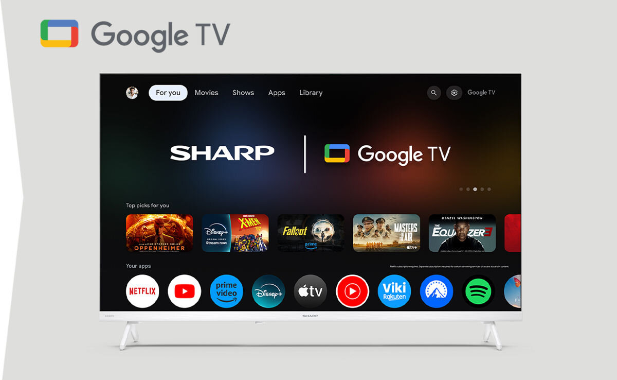 Telewizor SHARP 32HF2765EW Google TV Netflix Disney+ Prime Video platformy streamingowe, telewizor od frotnu na szarym tle