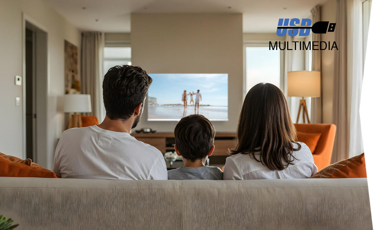 Telewizor SHARP 32HF2765EW 2 USB odtwarzanie zdjęć muzyki obsługa klawiatury, osoby siedzące na kanapie ogladające program telewizyjny