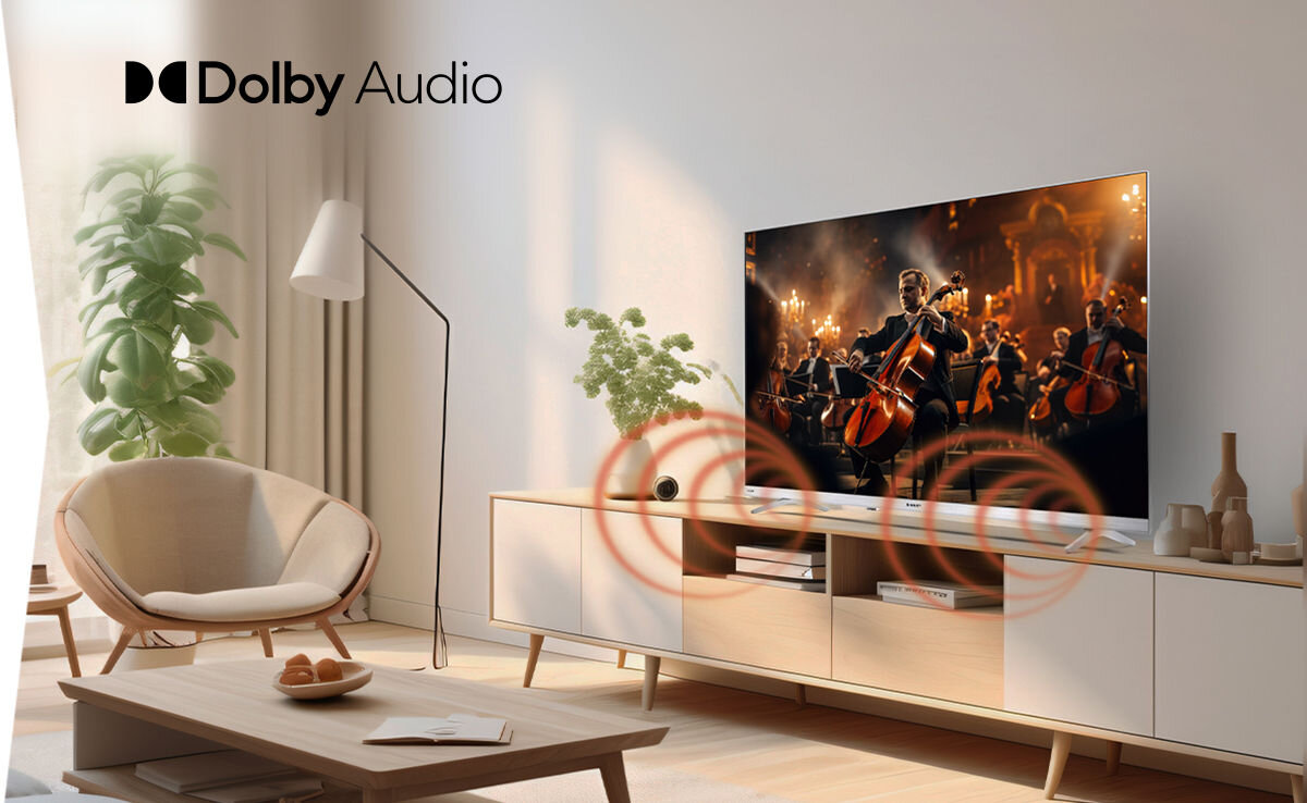 Telewizor SHARP 32HF2765EW Dolby Audio czysty dźwięk wyraźne dialogi, telewizor na komodzie w pomieszczeniu