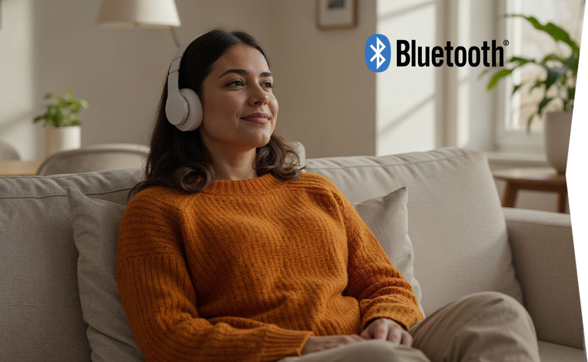 Telewizor SHARP 32HF2765EW Bluetooth bezprzewodowe połączenie słuchawki głośniki, osoba siedzaca na kanapie z założonymi słuchawkami