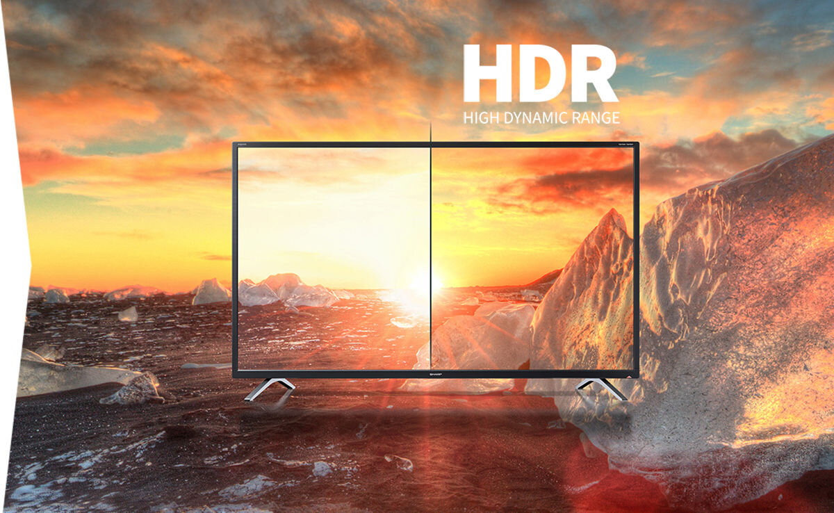 Telewizor SHARP 40HE3745E 40 QLED TiVo OS przedzielony na pół ekran porównanie zwykłego ekranu z hdr high dynamic range