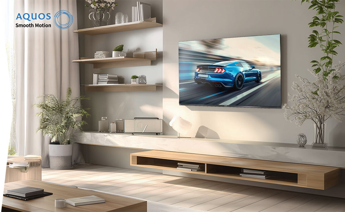 Telewizor SHARP 43HE2745E 43 LED TiVo OStelewizor na ścianie na ekranie płynący jacht napis AV1