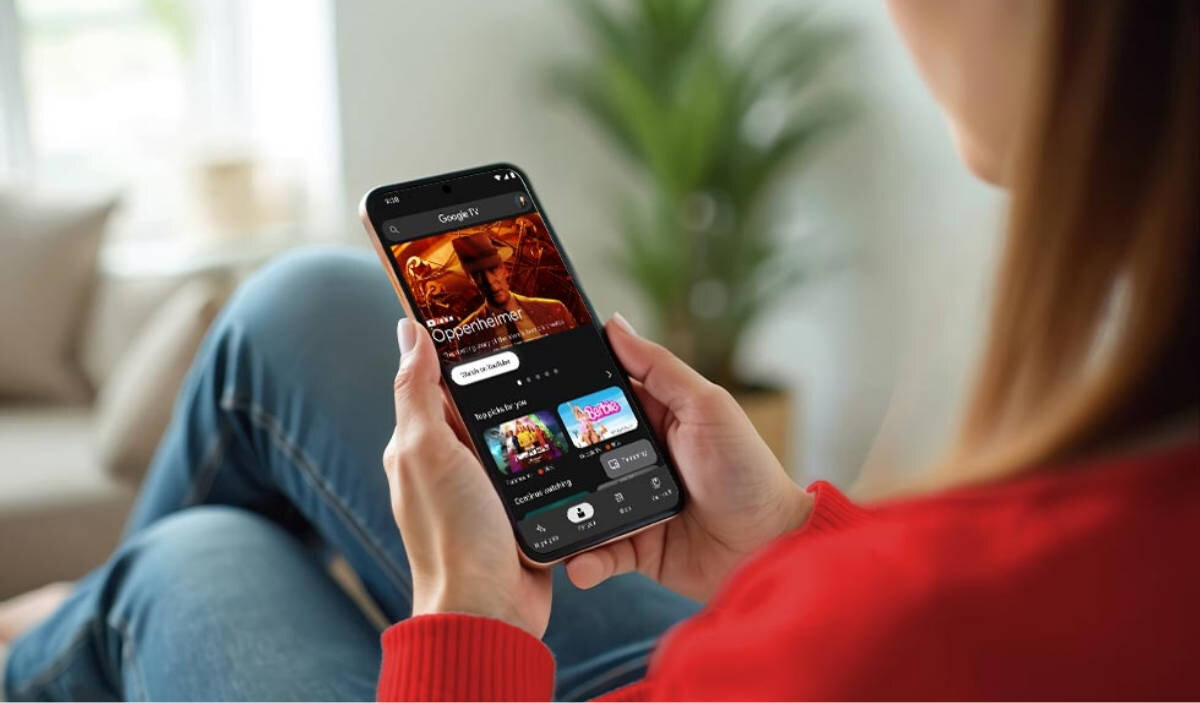 SHARP 50HL4765E Aplikacja Google TV sterowanie telewizorem bezpośrednio z telefonu wyszukiwanie filmów i programów przyspiesza wprowadzanie haseł klawiaturze - telefon w ręku kobiety z aplikacją google tv