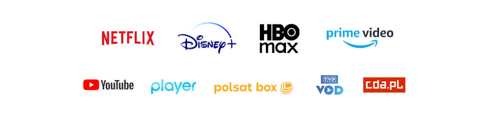 Telewizor SHARP 32HE2745E aplikacje streaming Netflix Disney Plus YouTube, loga platform streamingowych