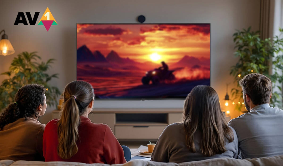 SHARP 55HL4765E kodek AV1 zmniejszeniu wymagań dotyczących przepustowości łącza Sprzętowe przetwarzanie materiałów - czworo ludzi oglądających telewizję
