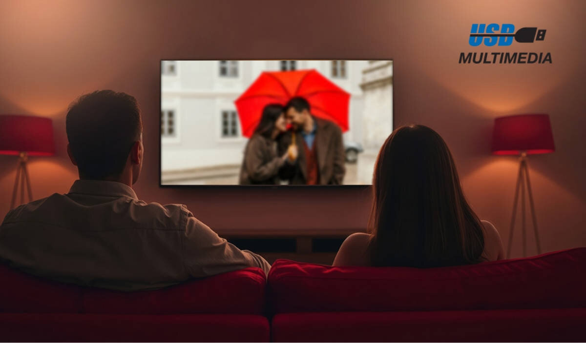 SHARP 55HL4765E dwóm wejściom USB-A pamięć zewnętrzną myszkę i klawiaturę - telewizor na ścianie, rodzina oglądająca go