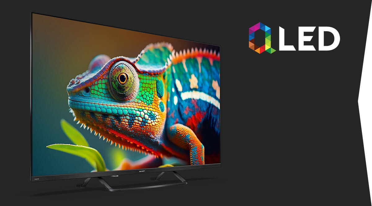 Telewizor SHARP 32HF3865E panel QLED Quantum Dot kolory, telewizor pod skosem na ciemnym tle