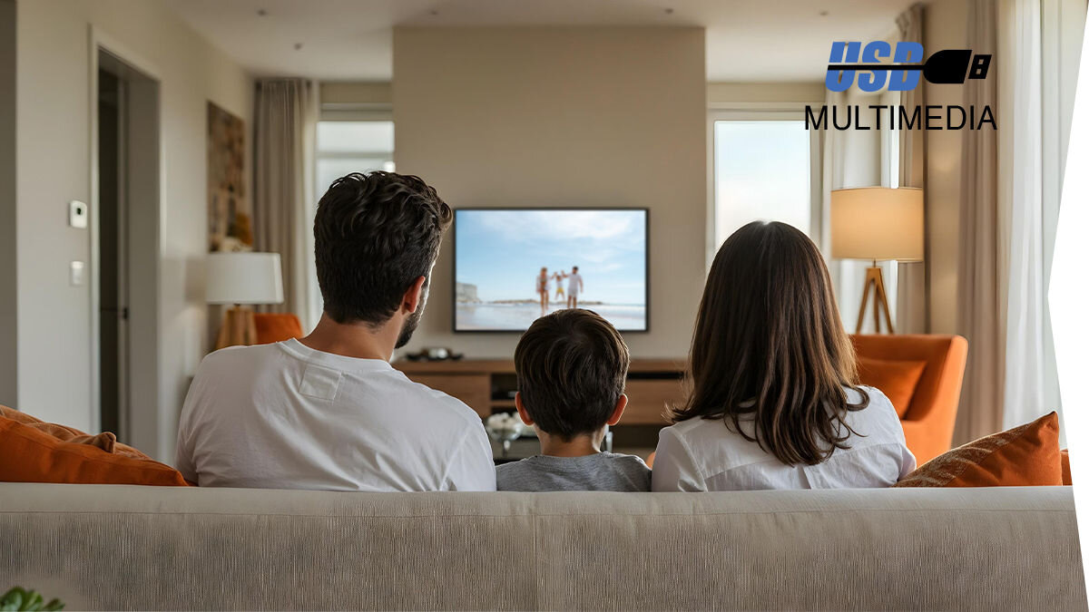 Telewizor SHARP 32HF3865E USB porty odtwarzanie multimediów, rodzina siedząca na kanapie, oglądająca program w telewizji