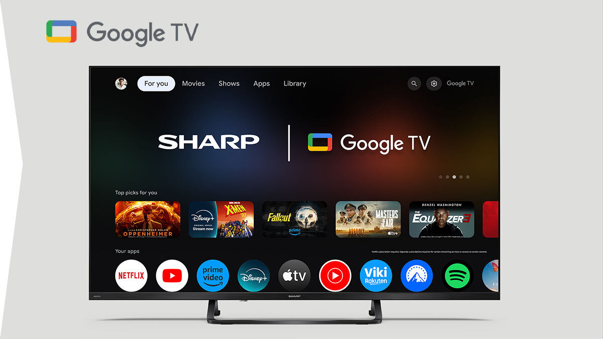 Telewizor SHARP 32HF3865E Google TV aplikacje streaming, telewizor od frontu na szarym tle