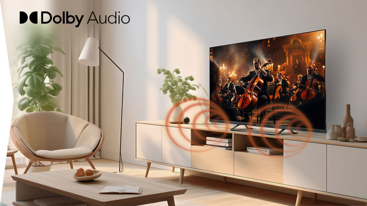 Telewizor SHARP 32HF3865E Dolby Audio czysty dźwięk, telewizor stojący na szafce rtv w pomieszczeniu