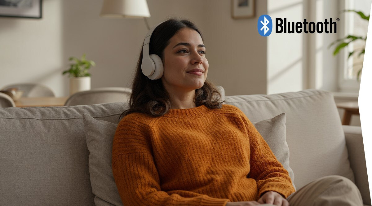 Telewizor SHARP 32HF3865E Bluetooth bezprzewodowe połączenie, osoba z założobnymi słuchawkami nausznymi siedząca na kanapie