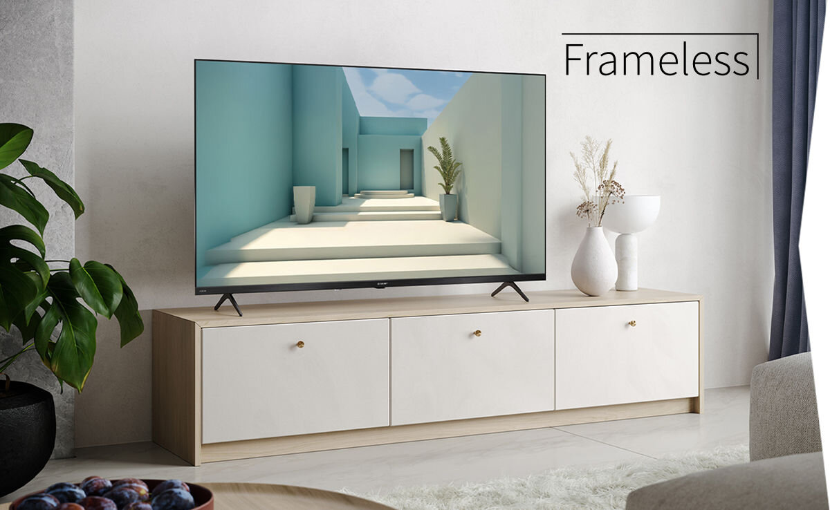 Telewizor SHARP 32HE3745E 32 QLED TiVo OS napis frameless telewizor stojący na minimalistycznej szafce