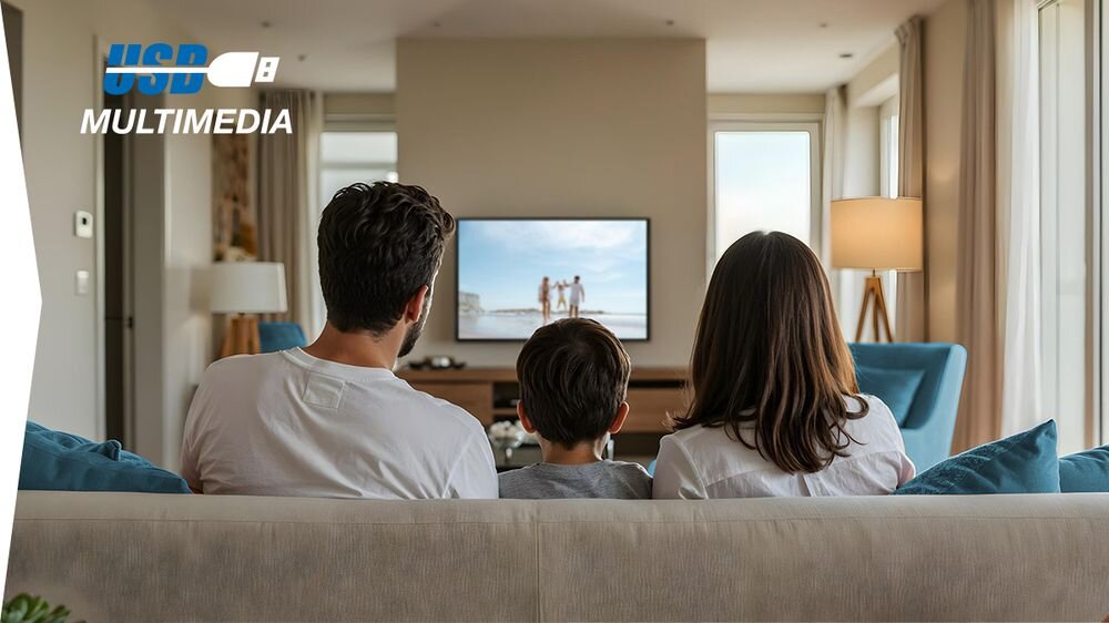 Telewizor SHARP 55HM5745E USB odtwarzanie multimediów klawiatura mysz, rodzina siedząca na kanapie oglądające program telewizyjny