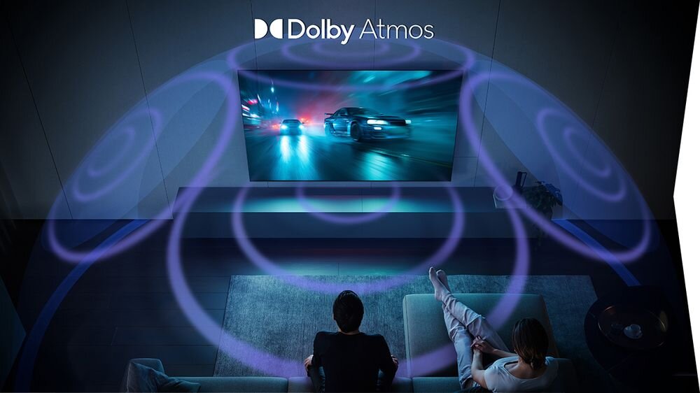 Telewizor SHARP 55HM5745E Dolby Atmos dźwięk przestrzenny, osoby siedzące na kanapie oglądające program telewizyjny otoczone dźwiękiem