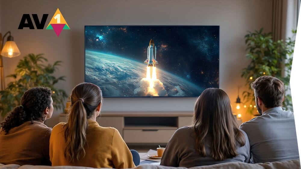 Telewizor SHARP 55HM5745E kodek AV1 streaming wysoka jakość, osoby siedzące na kanapie oglądające program telewizyjny