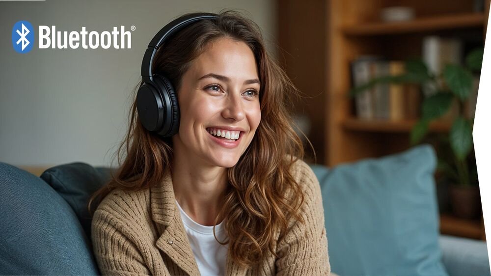 Telewizor SHARP 55HM5745E Bluetooth słuchawki bezprzewodowe, osoba z założonymi słuchawkami nausznymi