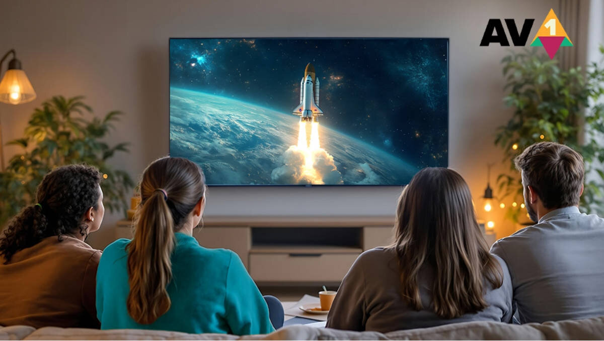 SHARP 55HP5765E kodek AV1 zmniejszeniu wymagań dotyczących przepustowości łącza Sprzętowe przetwarzanie materiałów - czworo ludzi oglądających telewizję