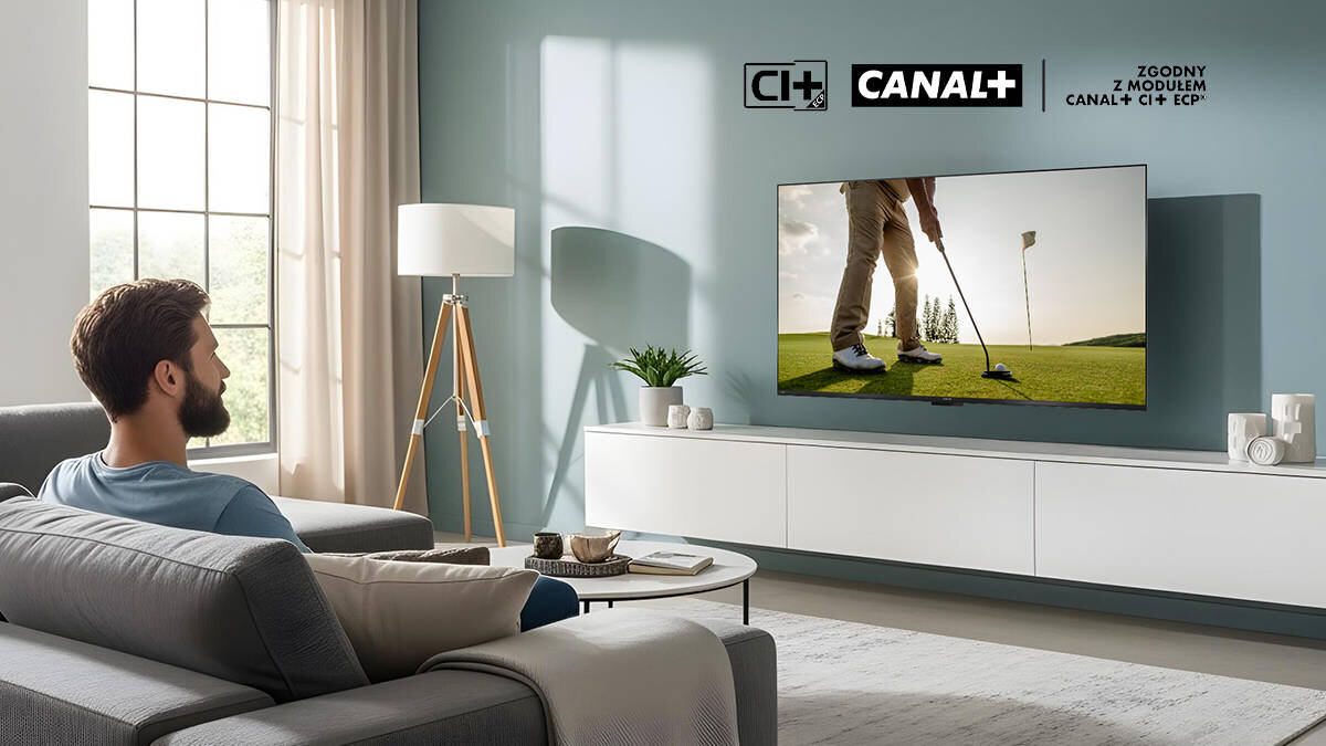 SHARP 55HR7765E CAM CI+ ECP automatyczne pobieranie i aktualizację listy kanałów Canal+ Polska poprawne wyświetlanie ścieżek dźwiękowych i napisów kontroli rodzicielskiej certyfikacja Canal+ 4K Ultra HD - telewizor w salonie