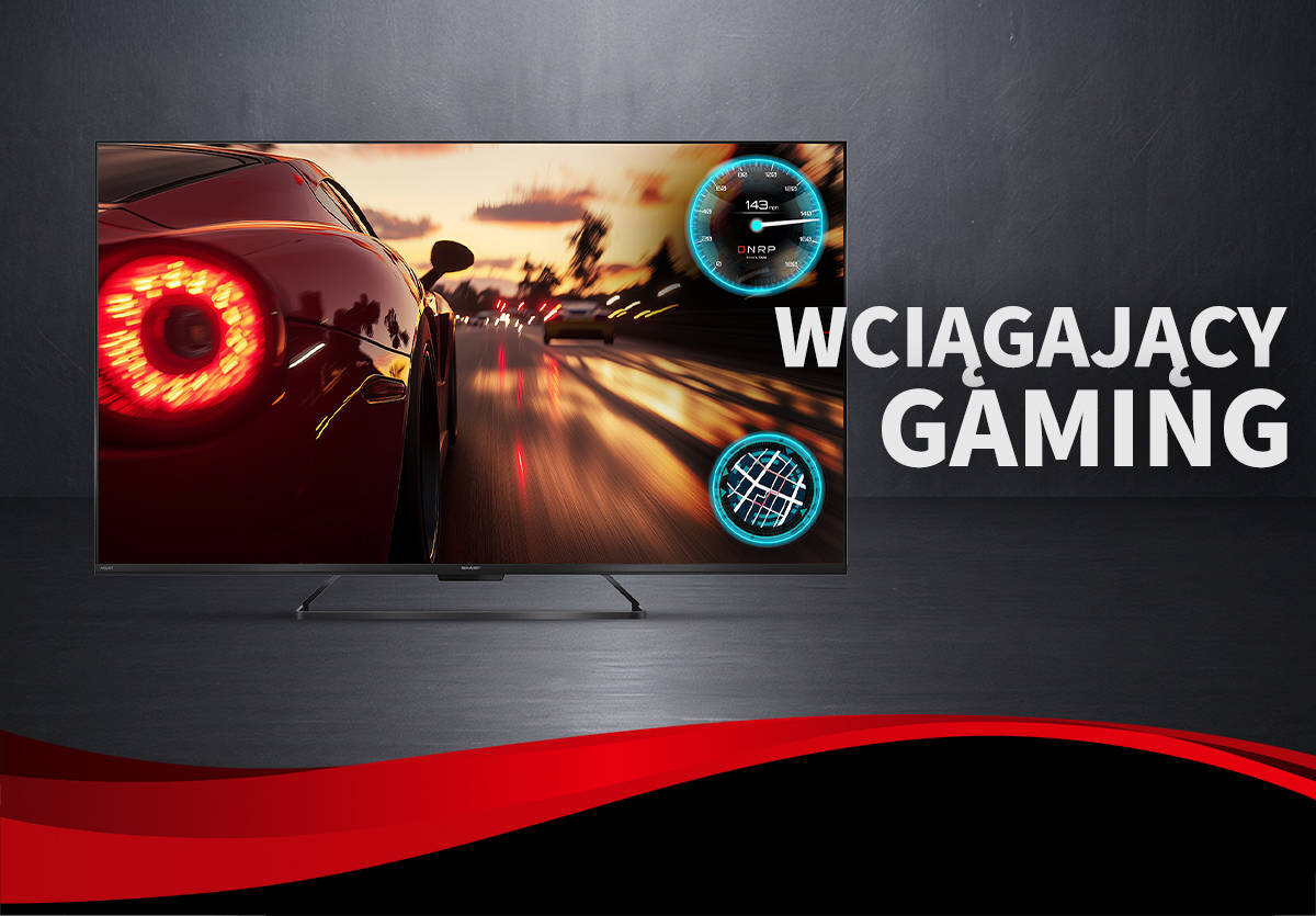 SHARP 55HR7765E funkcji stworzonych z myślą o graczach świat gamingu - telewizor na szarym tle