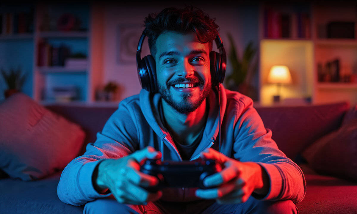 SHARP 55HR7765E Algorytmy Sztucznej Inteligencji Certyfikacja FreeSync Premium częstotliwości odświeżania 144 Hz (PC) i 120 Hz (konsole) - męzczyzna trzymający gamepada