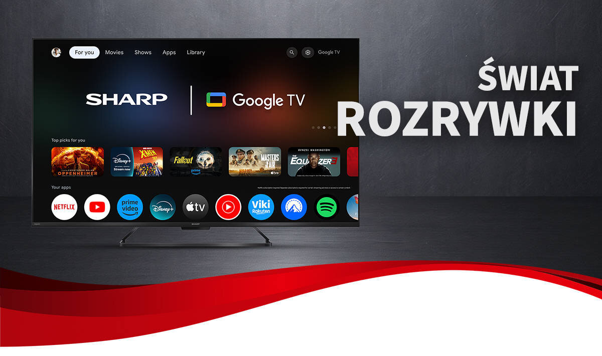 SHARP 55HR7765E System Google TV 7000 aplikacji dostępnych w sklepie Google Play Netflix, Disney+, HBO Max, Prime Video, Apple TV, ipla, Player czy TVP VOD szybkie wyszukiwanie filmów, seriali Personalizowane rekomendacje - interfejs systemu