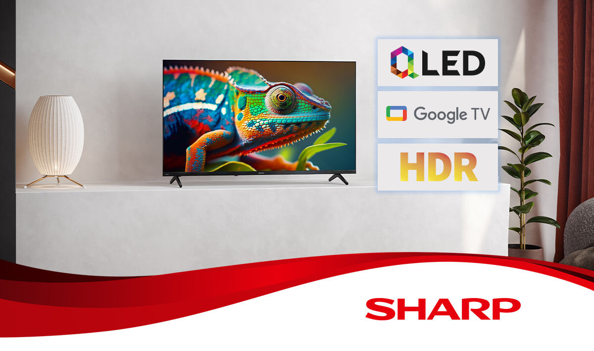Telewizor SHARP 40HF3765E Google TV HDR Dolby Audio Bluetooth HDMI USB 40 cali, telewizor na postumencie w pomieszczeniu