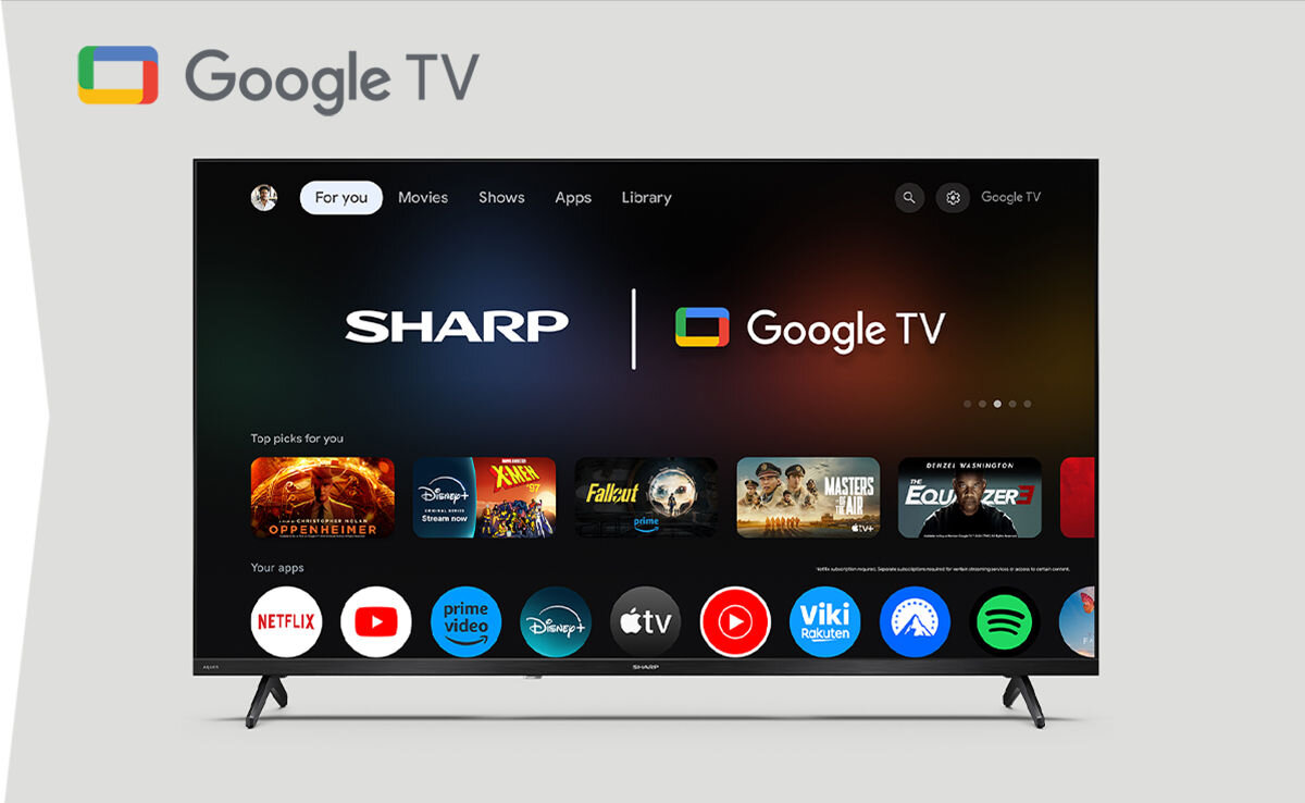 Telewizor SHARP 40HF3765E Google TV Netflix Disney+ Prime Video platformy streamingowe, telewizor od frotnu na szarym tle