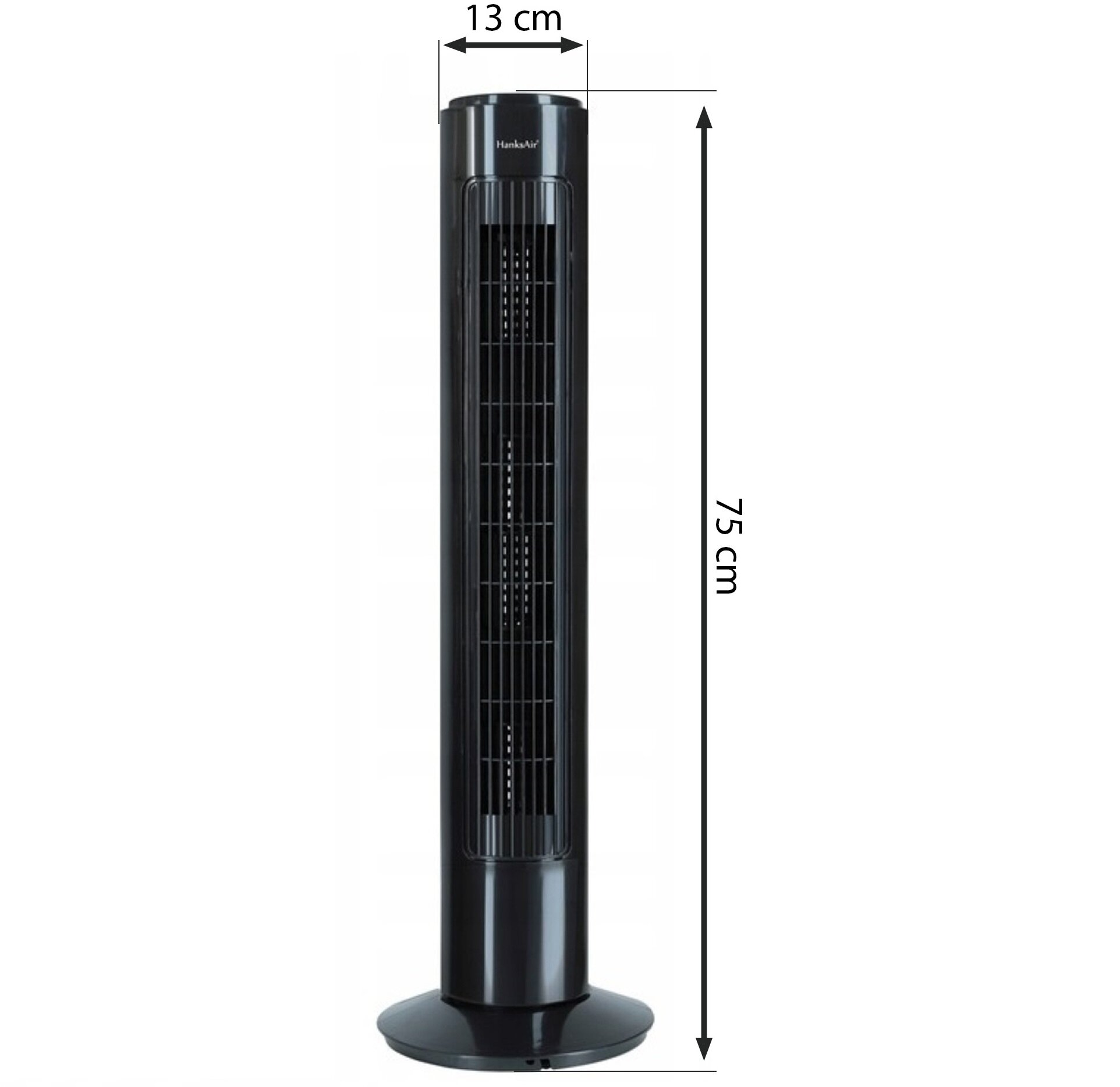 Czarny wentylator kolumnowy o wysokości 75 cm i szerokości 13 cm z widocznym logo \'HanksAir\' na górze. Wentylator stoi na okrągłej podstawie.