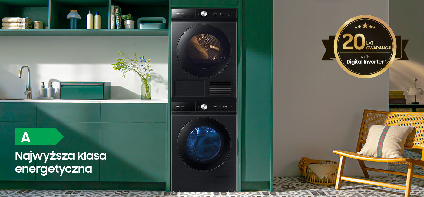 Informacja o dwudziestoletniej gwarancji na silnik inwerterowy została naniesiona na zdjęcie pralki Samsung WW11BB944DGBS6 z oferty sieci sklepów Media Expert prezentowanej w nowocześnie urządzonym mieszkaniu Informacja o dwudziestoletniej gwarancji na silnik inwerterowy została naniesiona na zdjęcie pralki Samsung WW11BB944DGBS6 z oferty sieci sklepów Media Expert prezentowanej w nowocześnie urządzonym mieszkaniu
