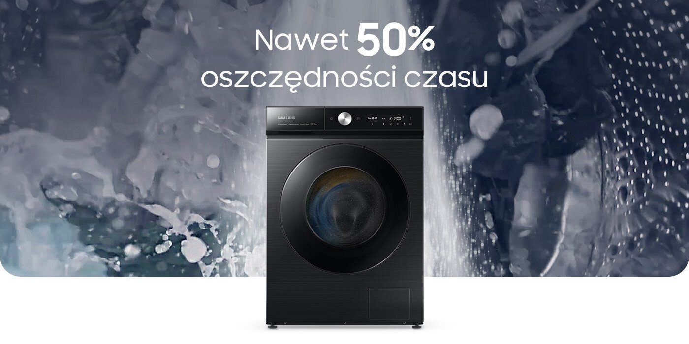 Na zdjęcie czarnej pralki Samsung WW11BB944DGBS6 naniesiono informację o znacznie skróconym czasie prania Na zdjęcie czarnej pralki Samsung WW11BB944DGBS6 naniesiono informację o znacznie skróconym czasie prania