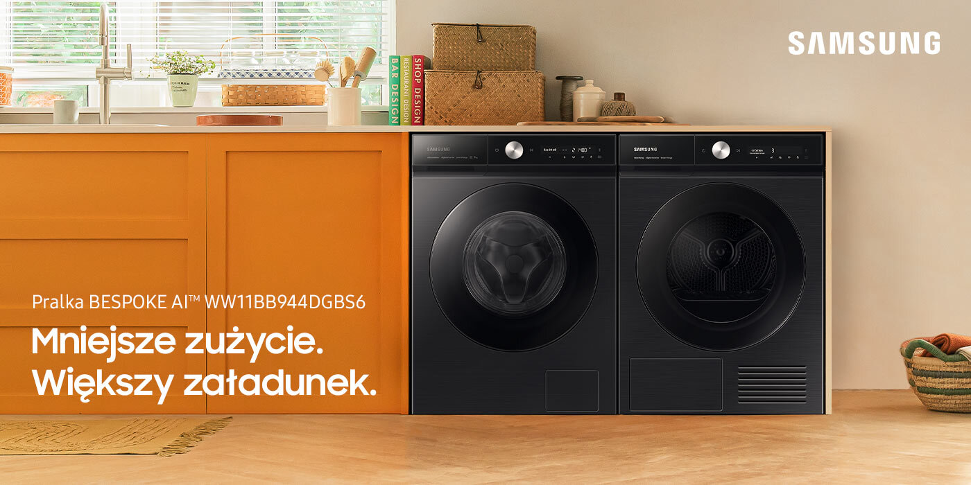 Pralka Samsung Bespoke WW11BB944DGBS6 dostępna w Media Expert została pokazana w towarzystwie suszarki we wnętrzu nowocześnie wyposażonej kuchni Pralka Samsung Bespoke WW11BB944DGBS6 dostępna w Media Expert została pokazana w towarzystwie suszarki we wnętrzu nowocześnie wyposażonej kuchni