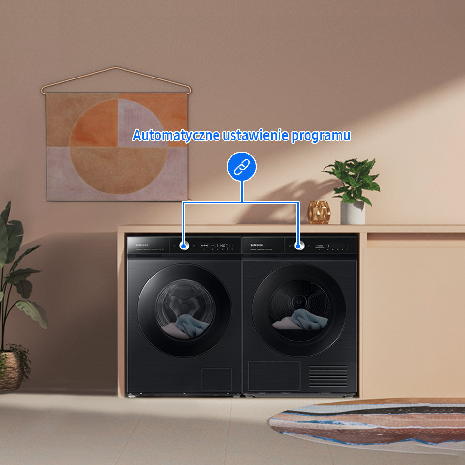 Zdjęcie pokazuje możliwość powiązania pralki i suszarki za pośrednictwem Wi-Fi Zdjęcie pokazuje możliwość powiązania pralki i suszarki za pośrednictwem Wi-Fi