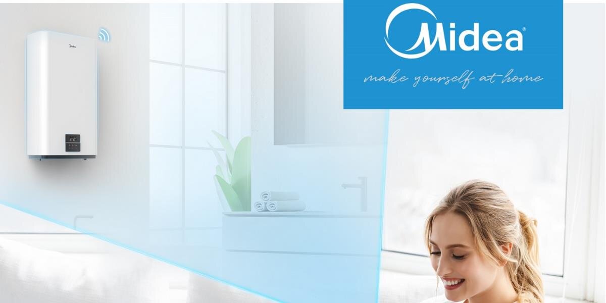 Obraz przedstawia biały bojler elektryczny zamontowany na ścianie w jasnym pomieszczeniu. W prawym górnym rogu znajduje się logo \'Midea\' z napisem \'make yourself at home\'.