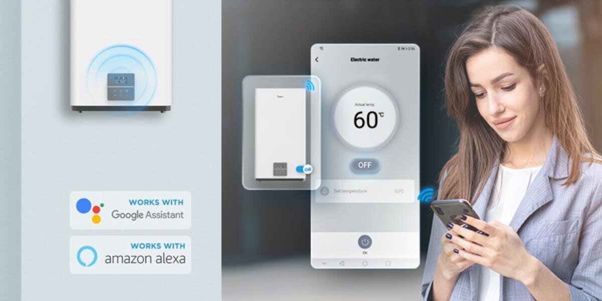 Obraz przedstawia kobietę używającą smartfona, obok której widoczny jest interfejs aplikacji do sterowania bojlerem elektrycznym z temperaturą ustawioną na 60 stopni. Na obrazie znajdują się również logotypy \'Works with Google Assistant\' i \'Works with Amazon Alexa\'.