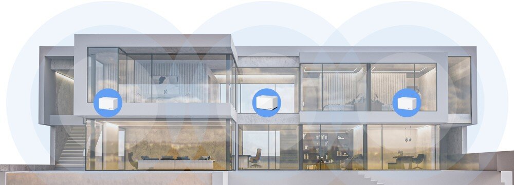 Router MERCUSYS Halo H85X Przekrój przez nowoczesny dwukondygnacyjny budynek z trzema zaznaczonymi urządzeniami sieciowymi rozmieszczonymi w różnych częściach domu, pokrycie powierzchni, jednolita sieć