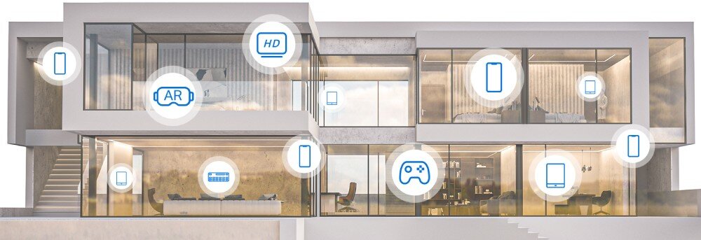 Router MERCUSYS Halo H85X Przekrój przez dwukondygnacyjny dom z dużymi przeszklonymi pomieszczeniami, w których rozmieszczone są ikony urządzeń elektronicznych, obsługa urządzeń, technologie