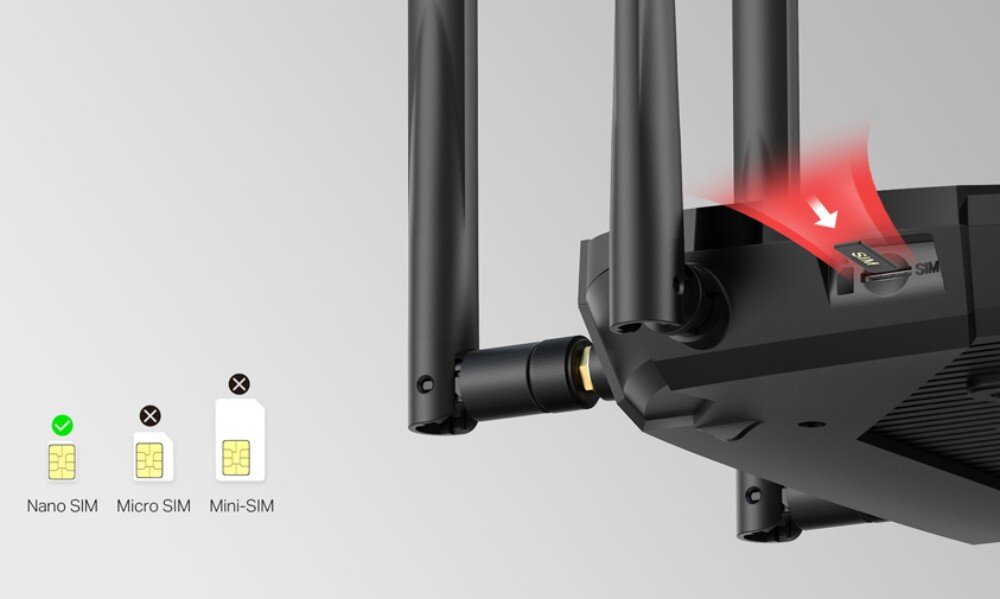 Router MERCUSYS MB235-4G Zbliżenie na gniazdo na kartę nano SIM w routerze z czerwoną strzałką wskazującą sposób jej włożenia oraz symbolami odrzuconych formatów micro SIM i mini SIM, łączność, karta SIM, pasma